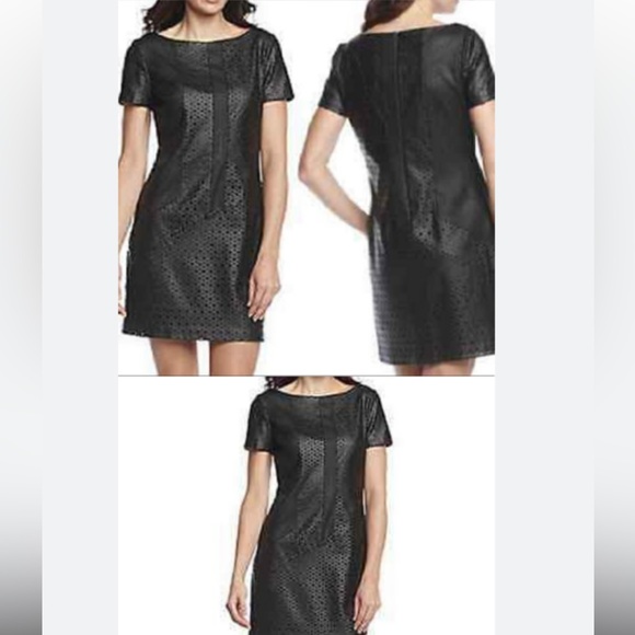 NWT Muse Black Perforated Faux Leather Sheath Dress w/Gold Sparkles - Size 6 - Picture 5 of 7